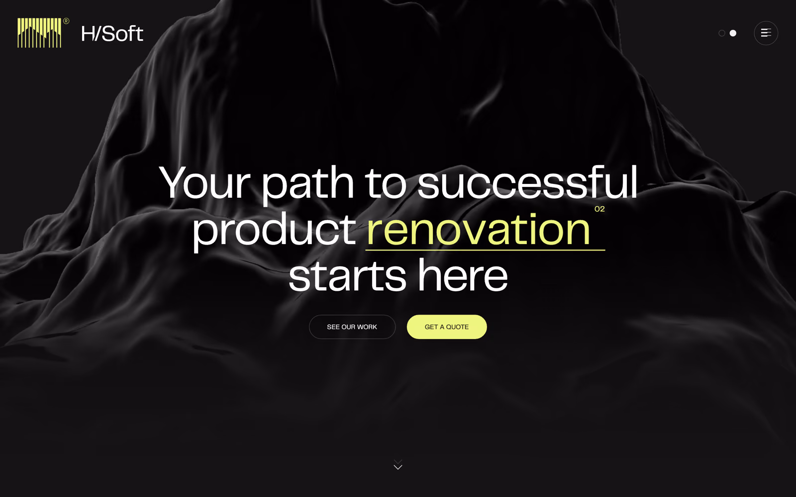Forsíða Hoverla Soft: dökk forsíðumynd yfir formuðum svörtum vef, með fyrirsögninni „Your path to successful product renovation starts here“ í hvítu og límónugrænu.