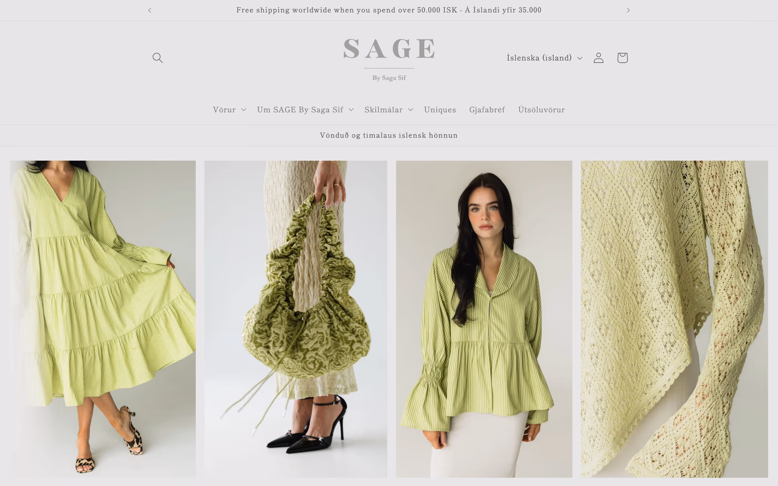 Forsíða SAGE by Saga Sif: fjórar ljósgrænar vörumyndir — flæðandi röndóttur kjóll, áferðarfallega taska, röndótt blússa og prjónaflétta í nærmynd — undir slagorðinu „Vönduð og tímalaus íslensk hönnun“.
